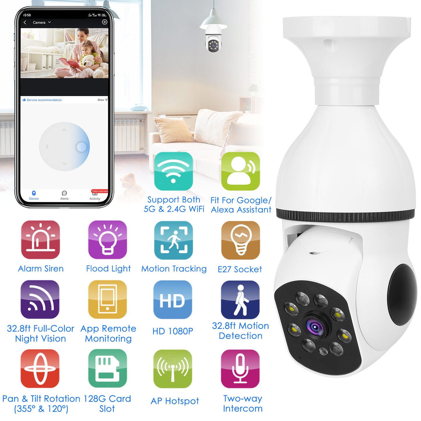 E27 WiFi Bulb Security Camera 1080P with Pan Tilt & Night Vision
