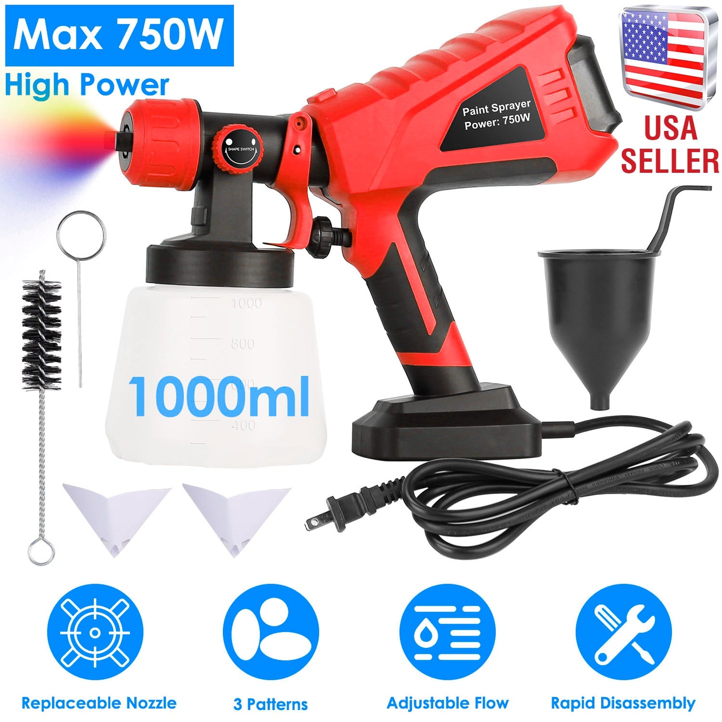 750W Electric Paint Sprayer with 3 Spray Patterns & 1000ML Cup