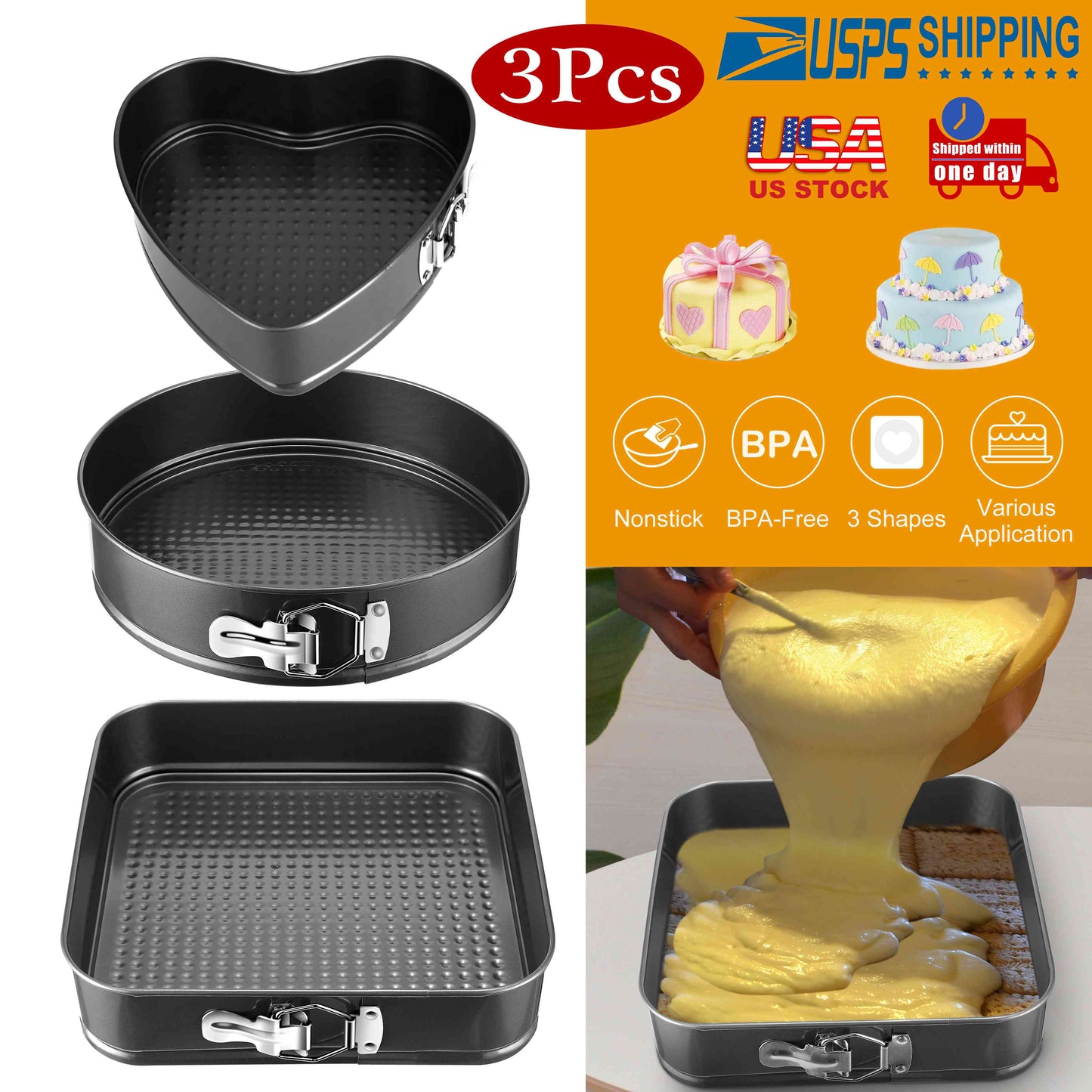 Springform Cake Pan Set 3-Piece Non-Stick with Removable Bottom