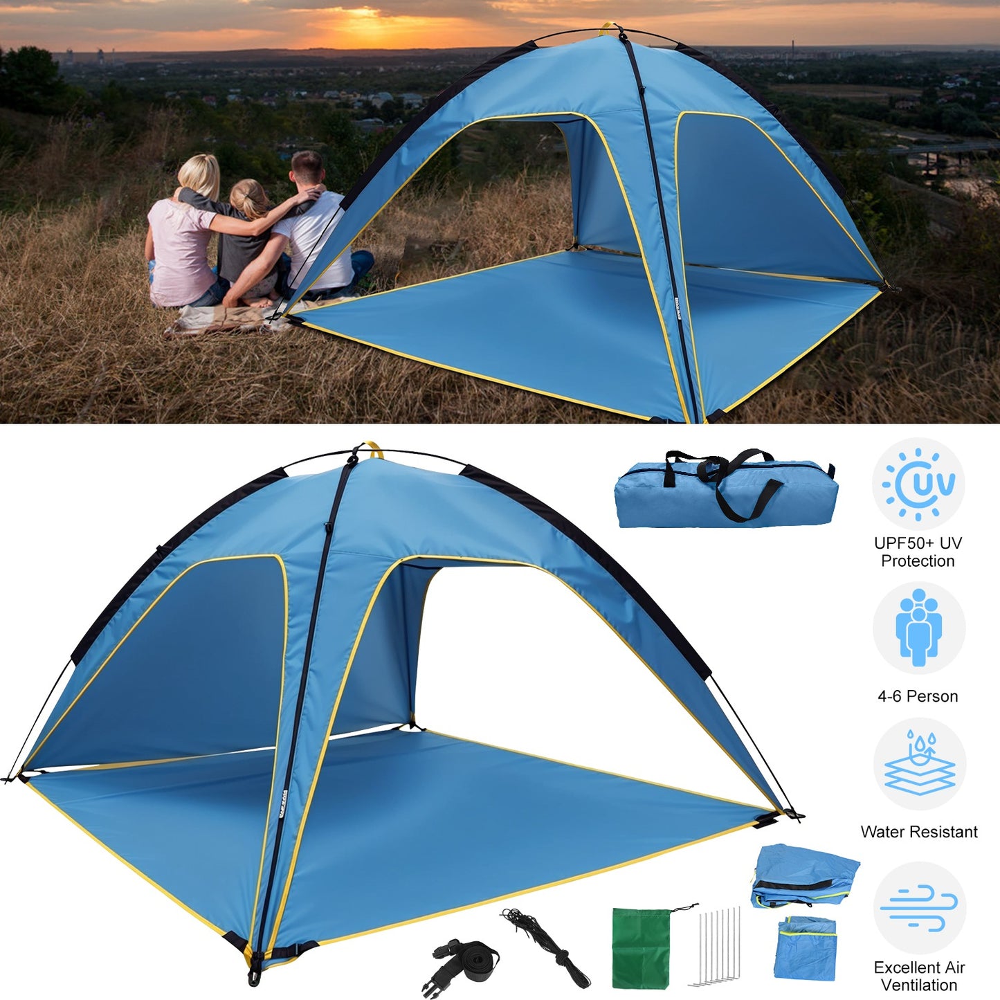 Beach Tent for 4-6 People with UPF 50+ Sun Protection