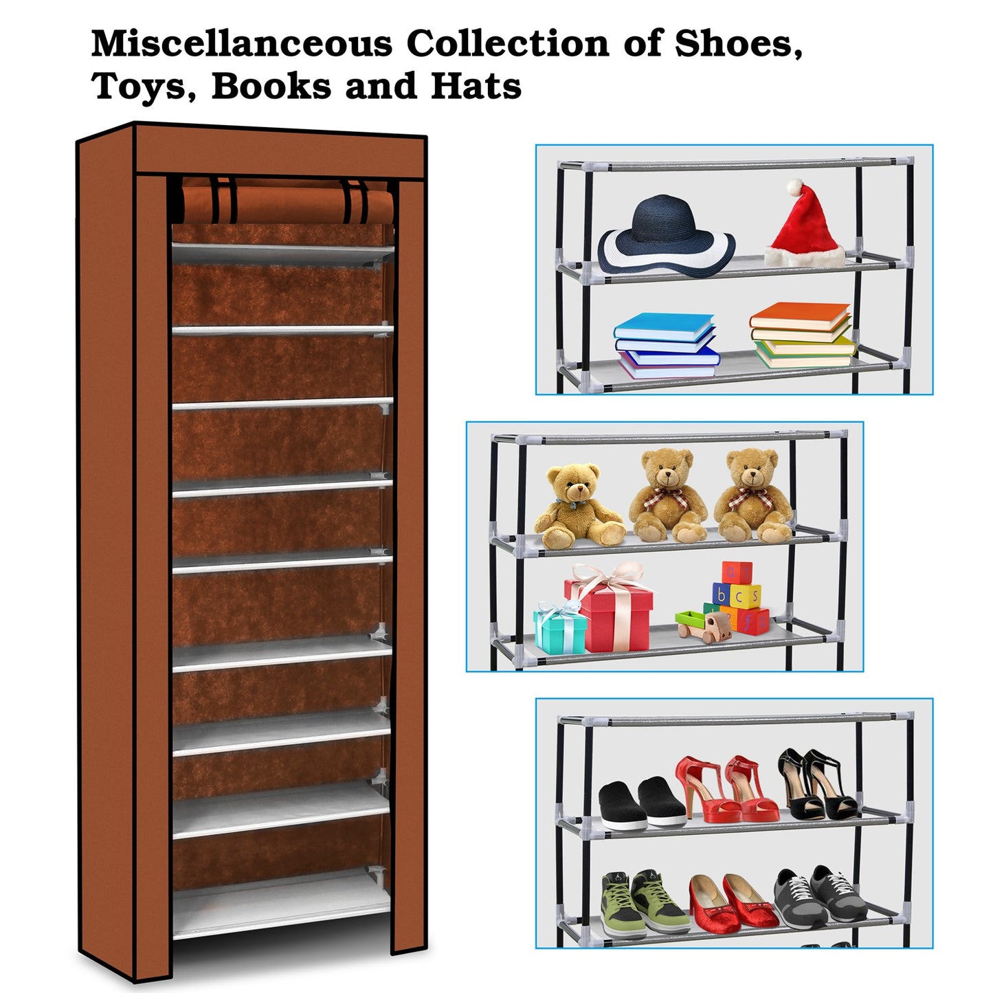 10-Tier Shoe Rack with Dustproof Cover - Holds 27 Pairs