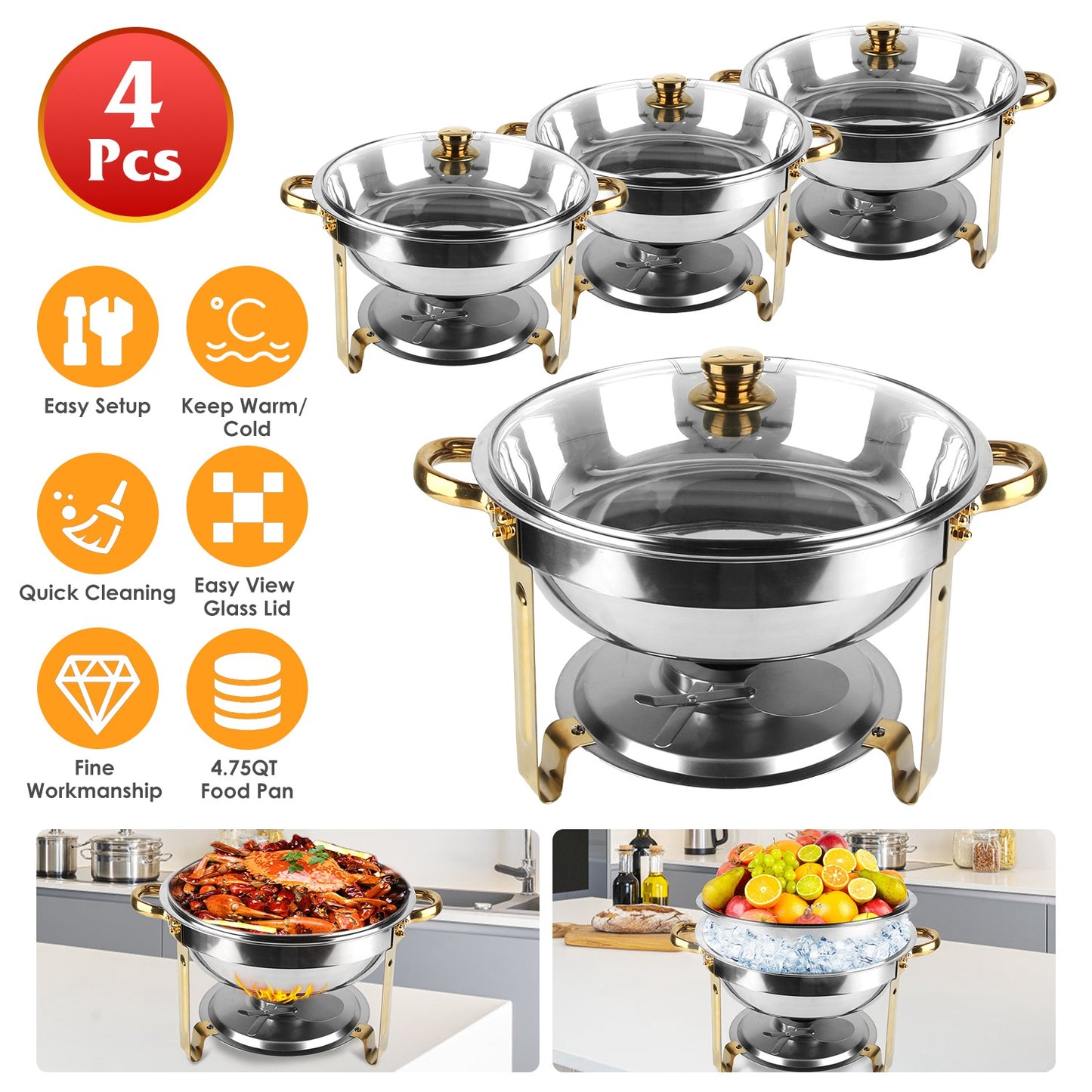 Chafing Dish Buffet Set 4-Pack 4.76QT Round Stainless Steel