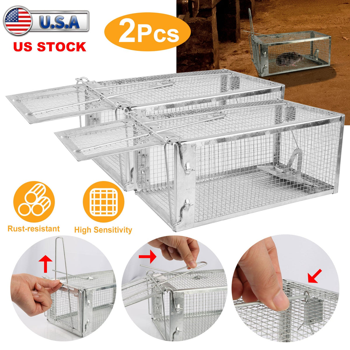 2 Pack Rat Trap Cage Humane Live Rodent Trap Cage Galvanized Iron Mice Mouse Control Bait Catch with Detachable U Shaped Rod