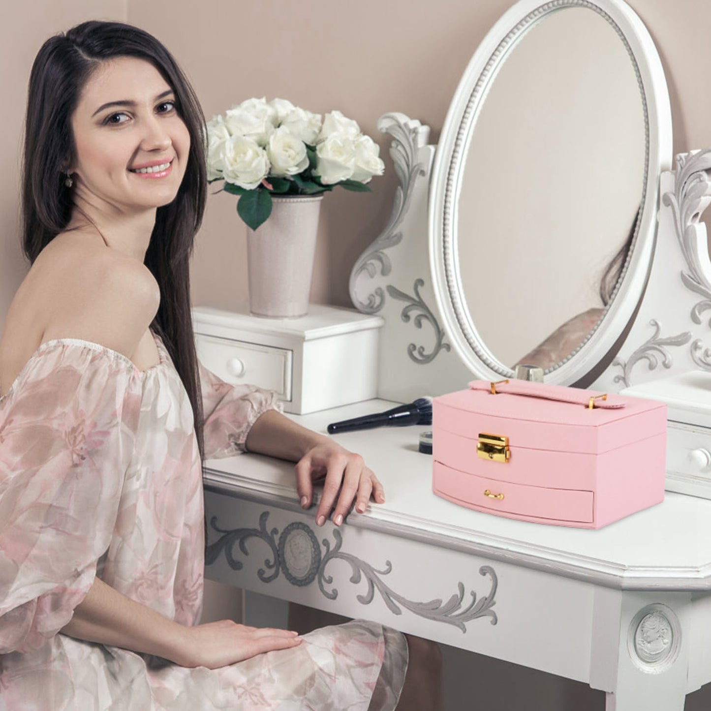 2-Layer Lockable Jewelry Box with Travel Handle & Mirror
