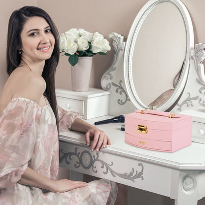 2-Layer Lockable Jewelry Box with Travel Handle & Mirror
