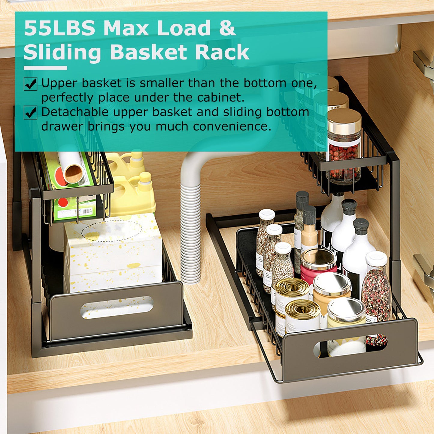 2-Tier Under Sink Organizer with Pull-Out Sliding Drawer