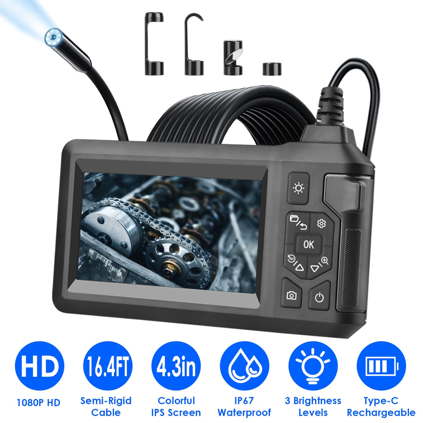 1080P Endoscope Camera with 4.3" Screen and 16.4FT Cable