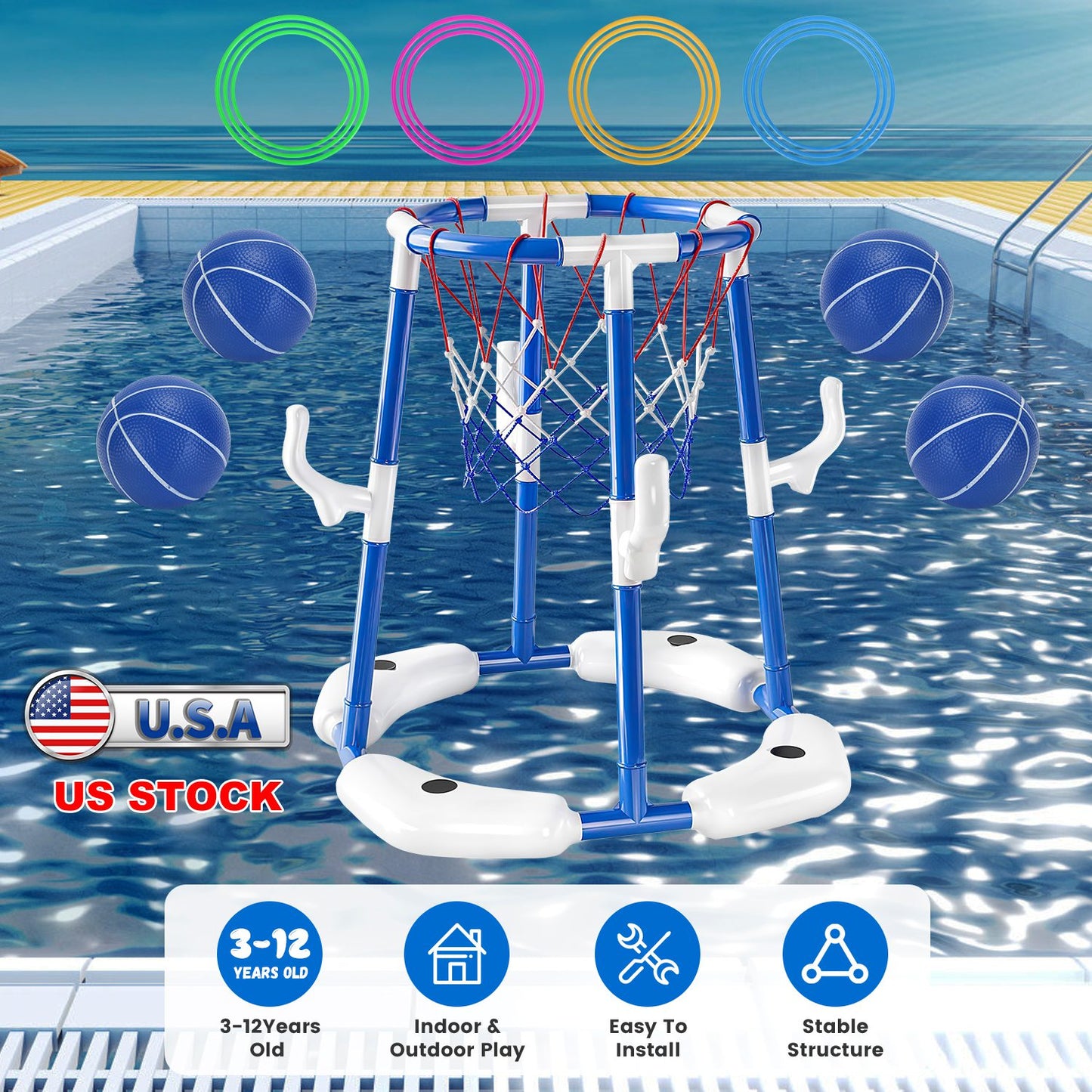 Pool Basketball Hoop Set with 4 Balls & Pump for Kids