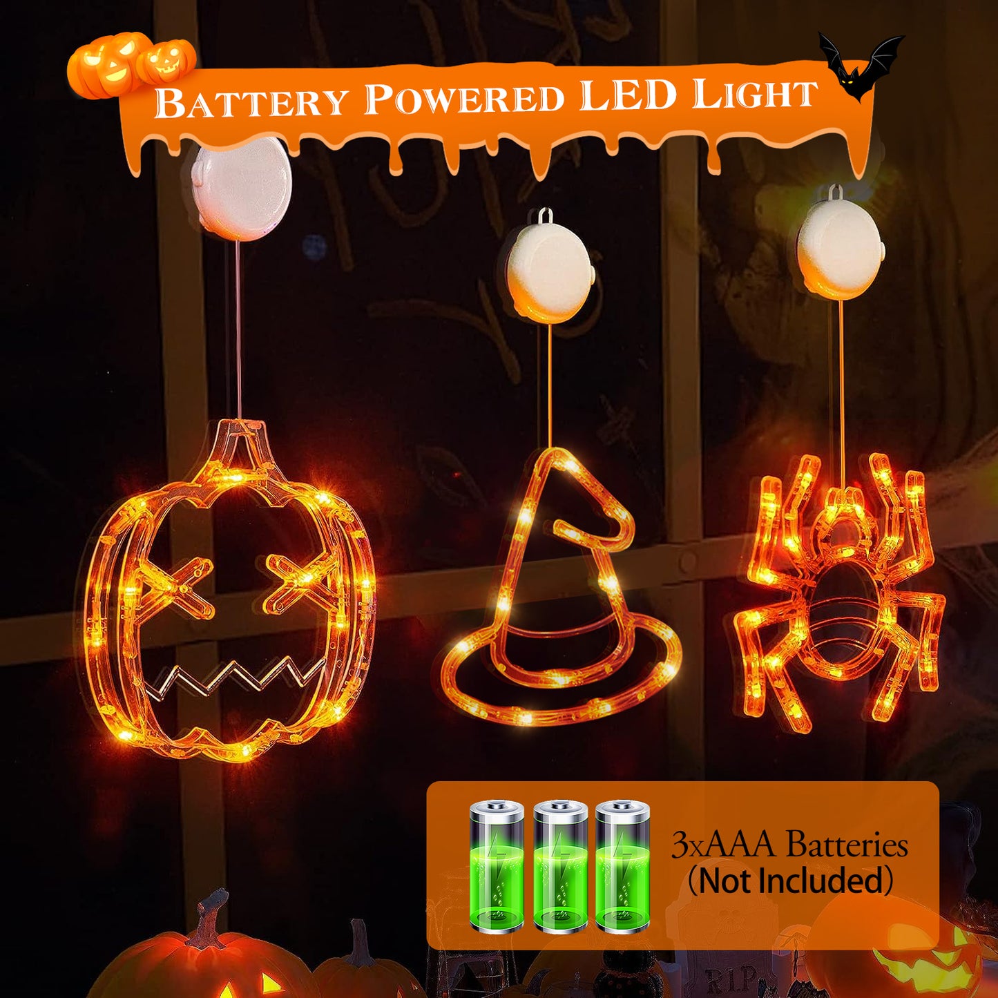 Halloween Window Light Set - Spider, Witch Hat & Pumpkin