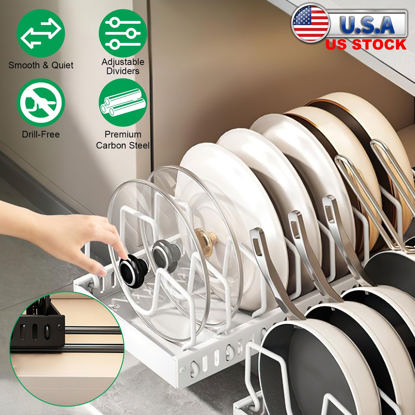 Pull Out Pots and Pans Organizer with 8 Adjustable Dividers