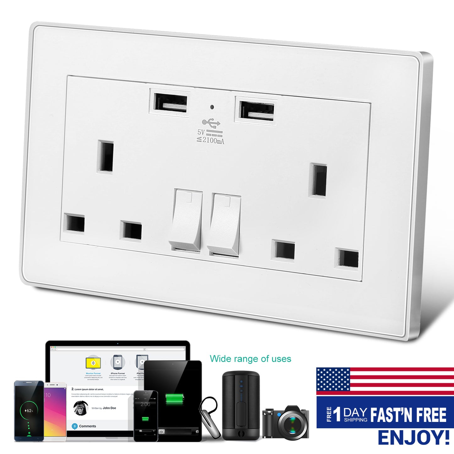 UK Dual Wall Socket with USB Charging Ports & Switches
