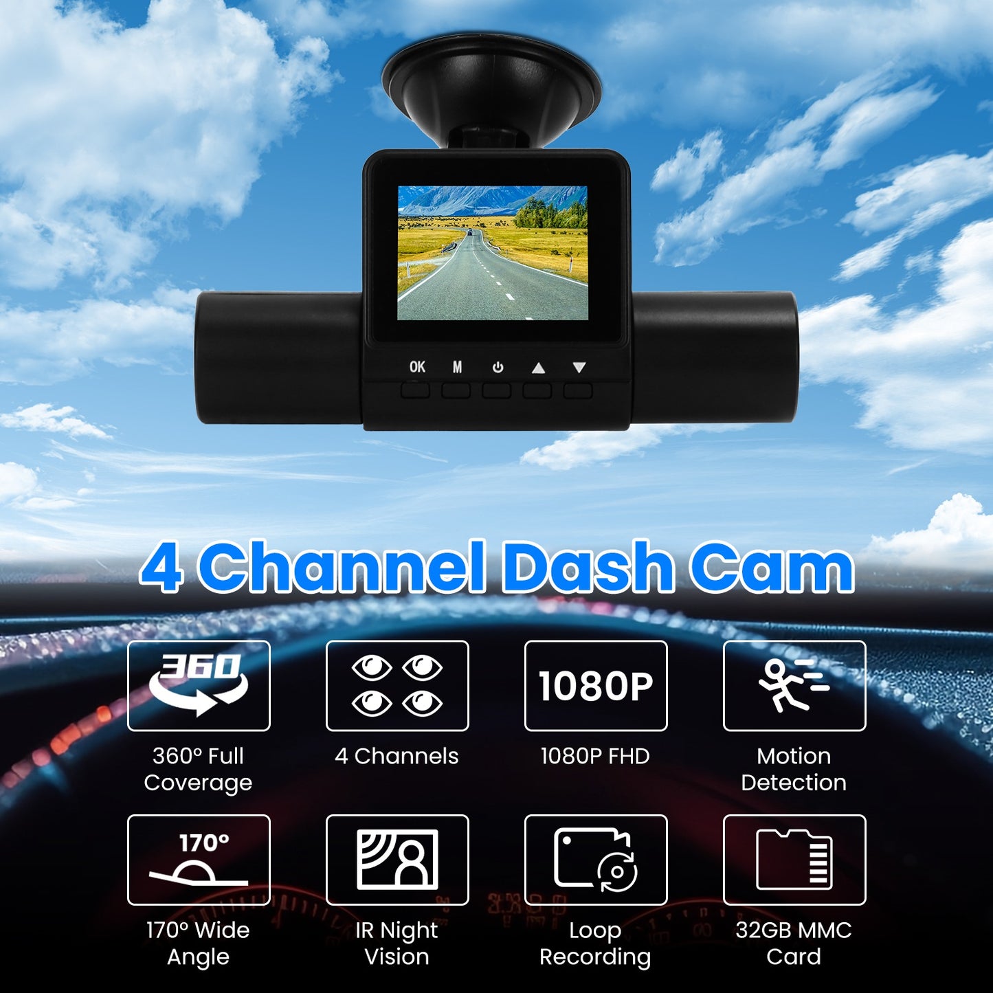 4 Channel Dash Cam with 360° Coverage and Night Vision