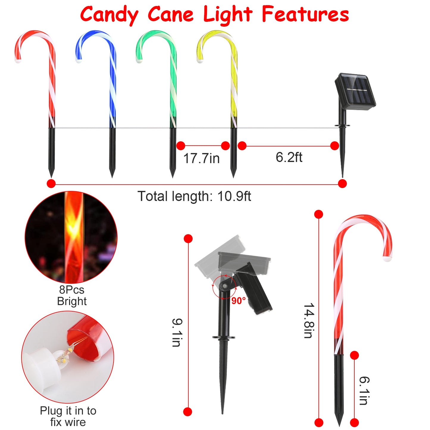Solar Candy Cane Pathway Lights - 4 Pack with 8 Light Modes