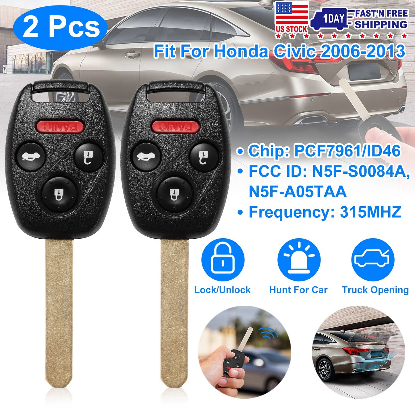 Remote Key Fob for Honda Civic 2006-2013 (2-Pack)
