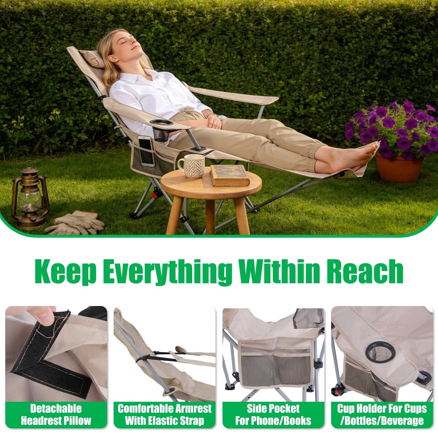 Reclining Camping Chair with Footrest - 4-Position Adjustable