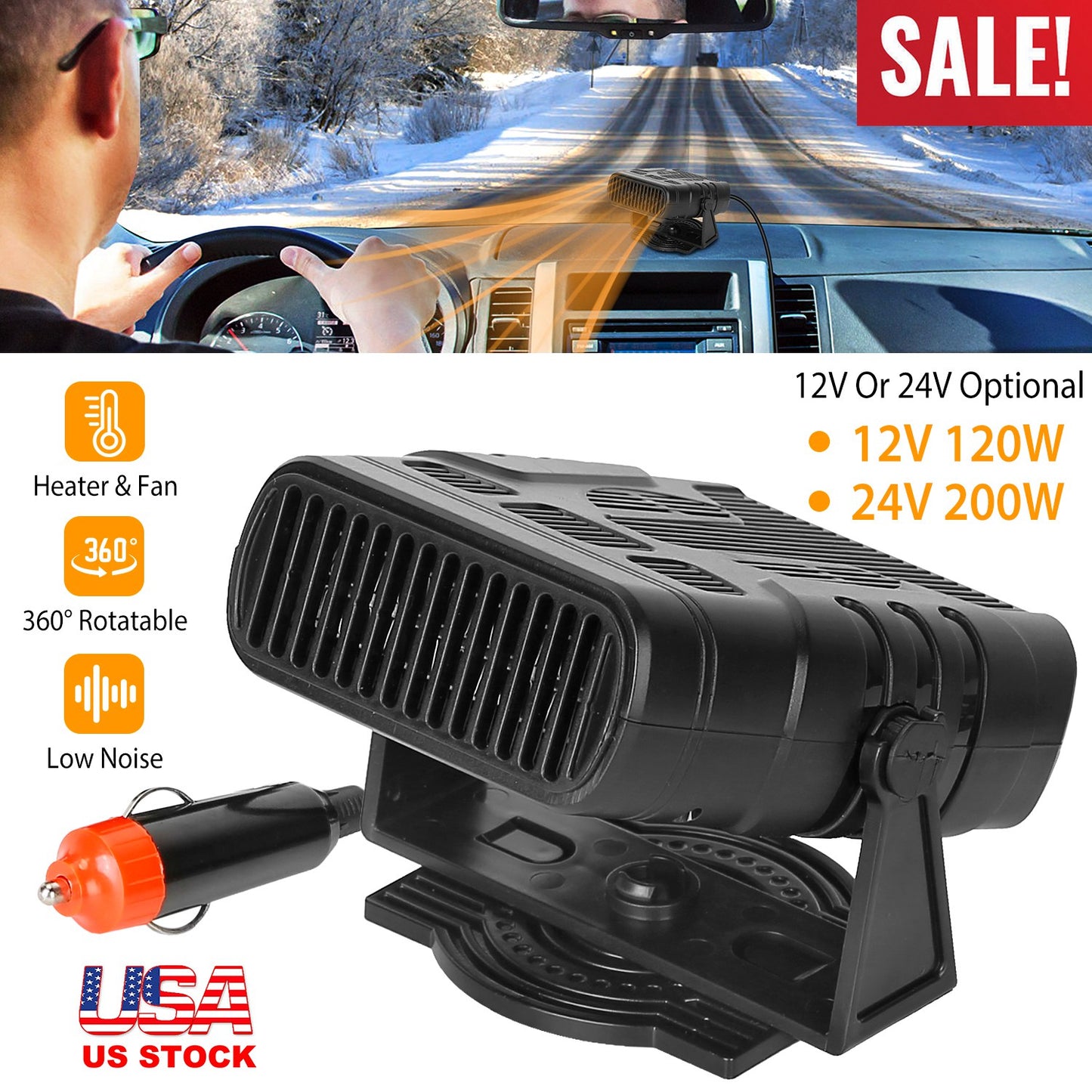 24V Portable Car Heater 200W 2-in-1 Defroster Fan