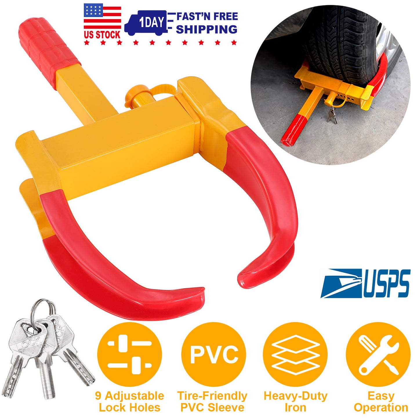Heavy Duty Wheel Clamp Lock with 3 Keys - Adjustable Tire Lock