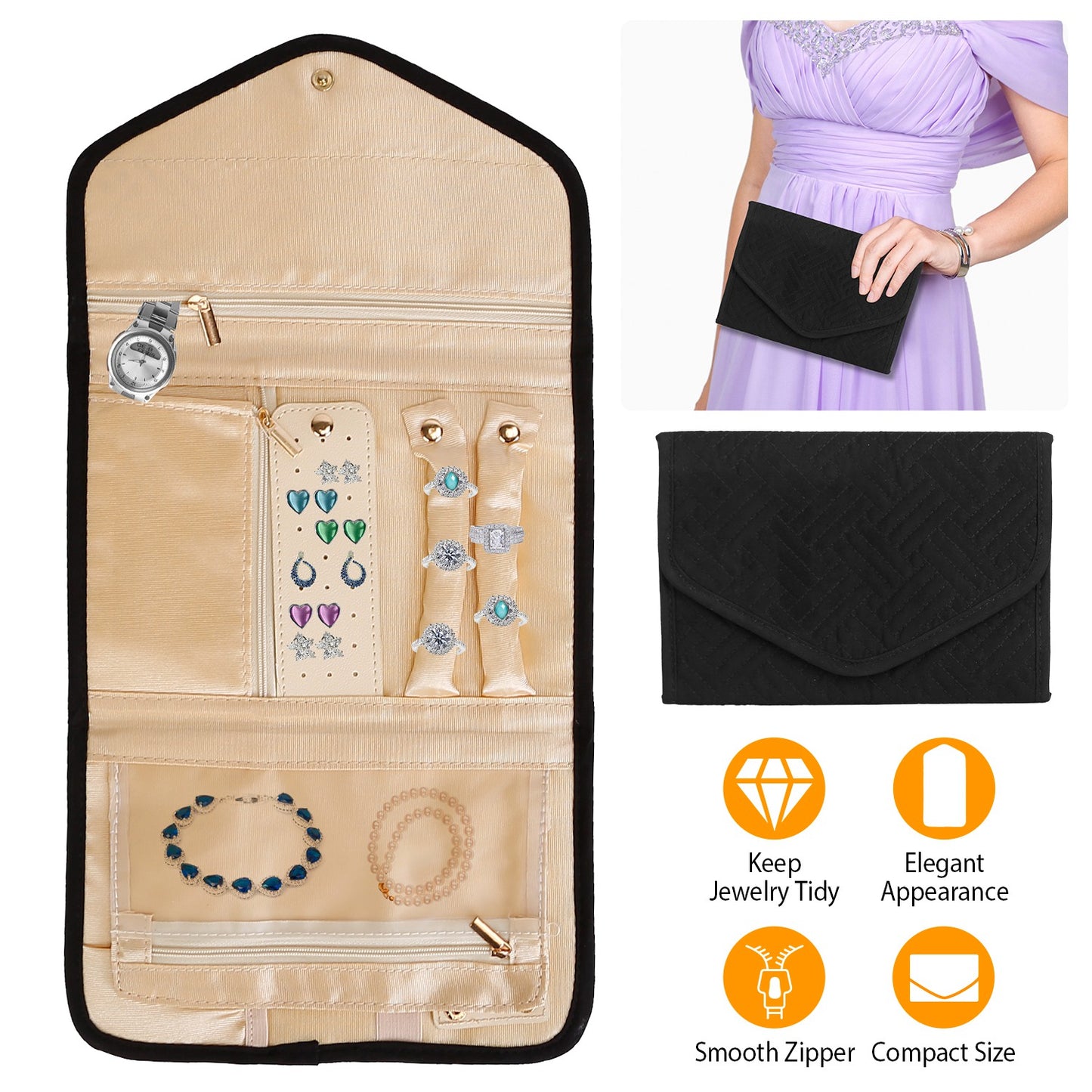 Travel Jewelry Organizer Case - Foldable Roll Storage Bag