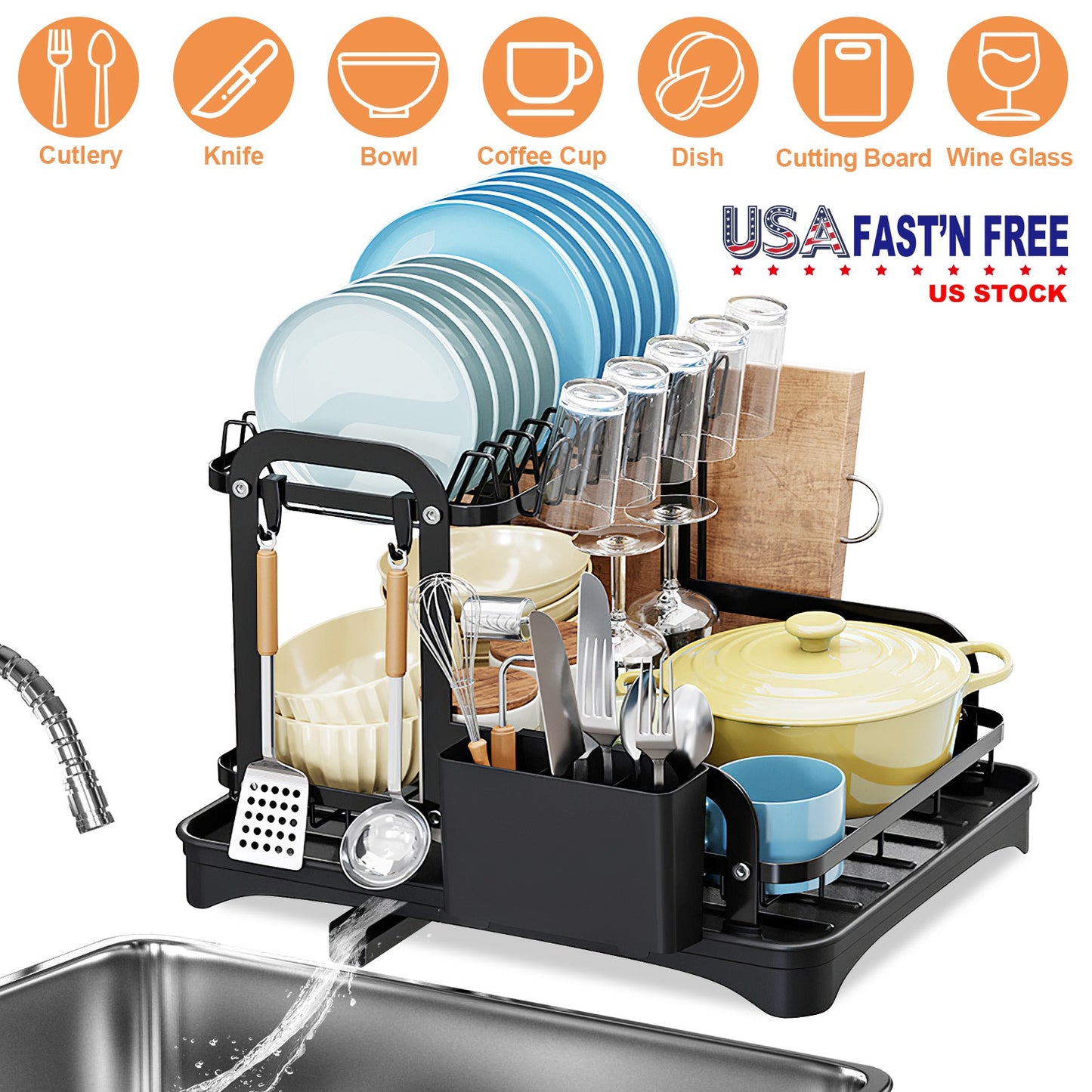 2-Tier Dish Drying Rack with Drainboard and Utensil Holder