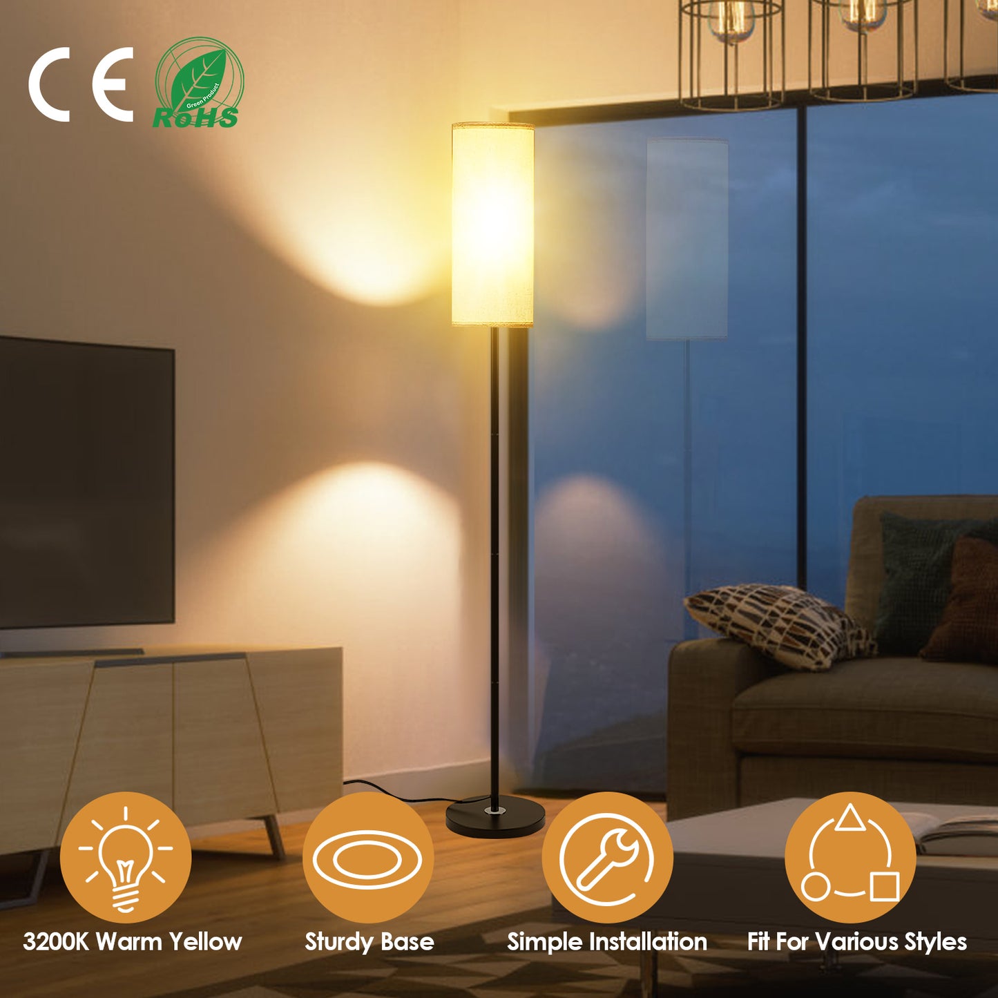 74.8" Floor Lamp with Fabric Shade - Warm Yellow Light
