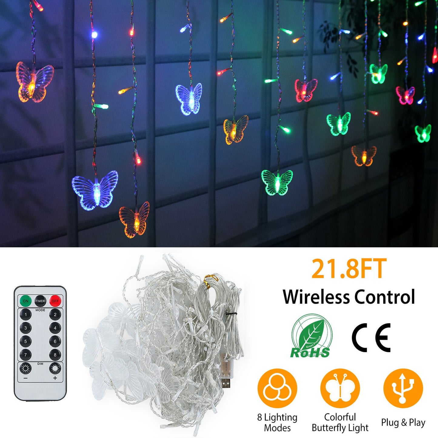 Butterfly Curtain String Lights with Remote - 96 LED, 11.5ft