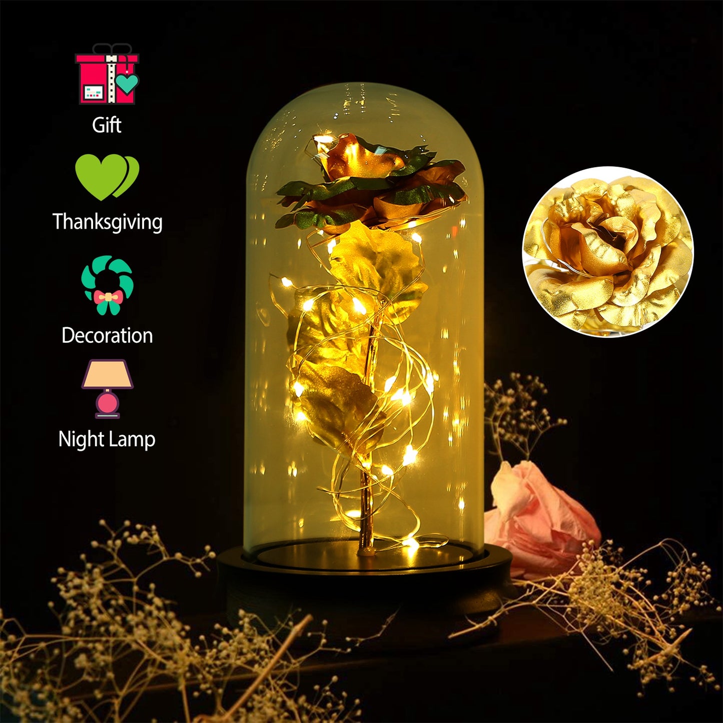 LED Rose in Glass Dome with Fairy Lights - Gold Foil Flower