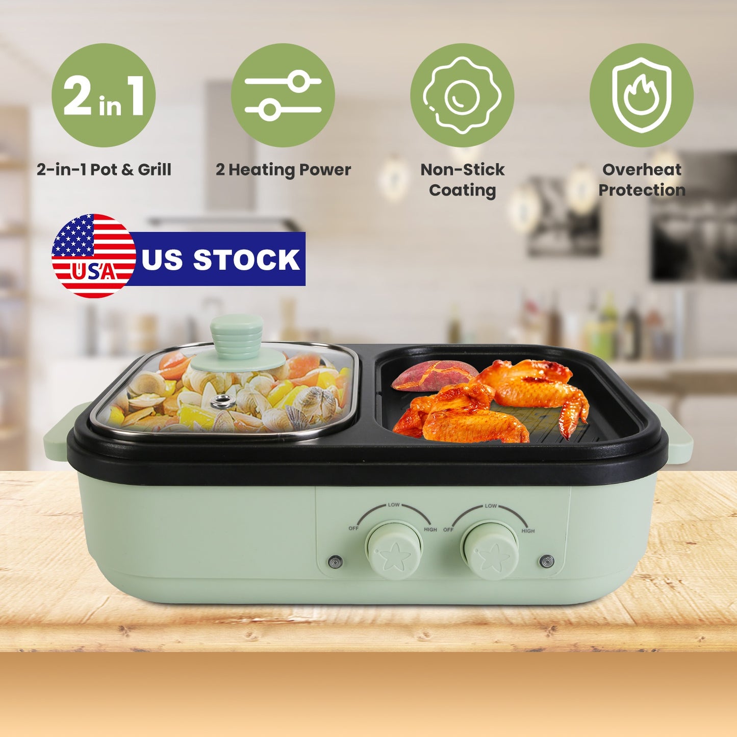 Electric Hot Pot with Grill 2-in-1 Combo for 1-2 People