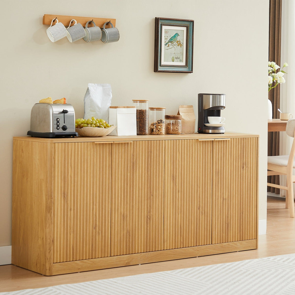 Fluted Sideboard Cabinet with 4-6 Doors and Wood-Grain Top