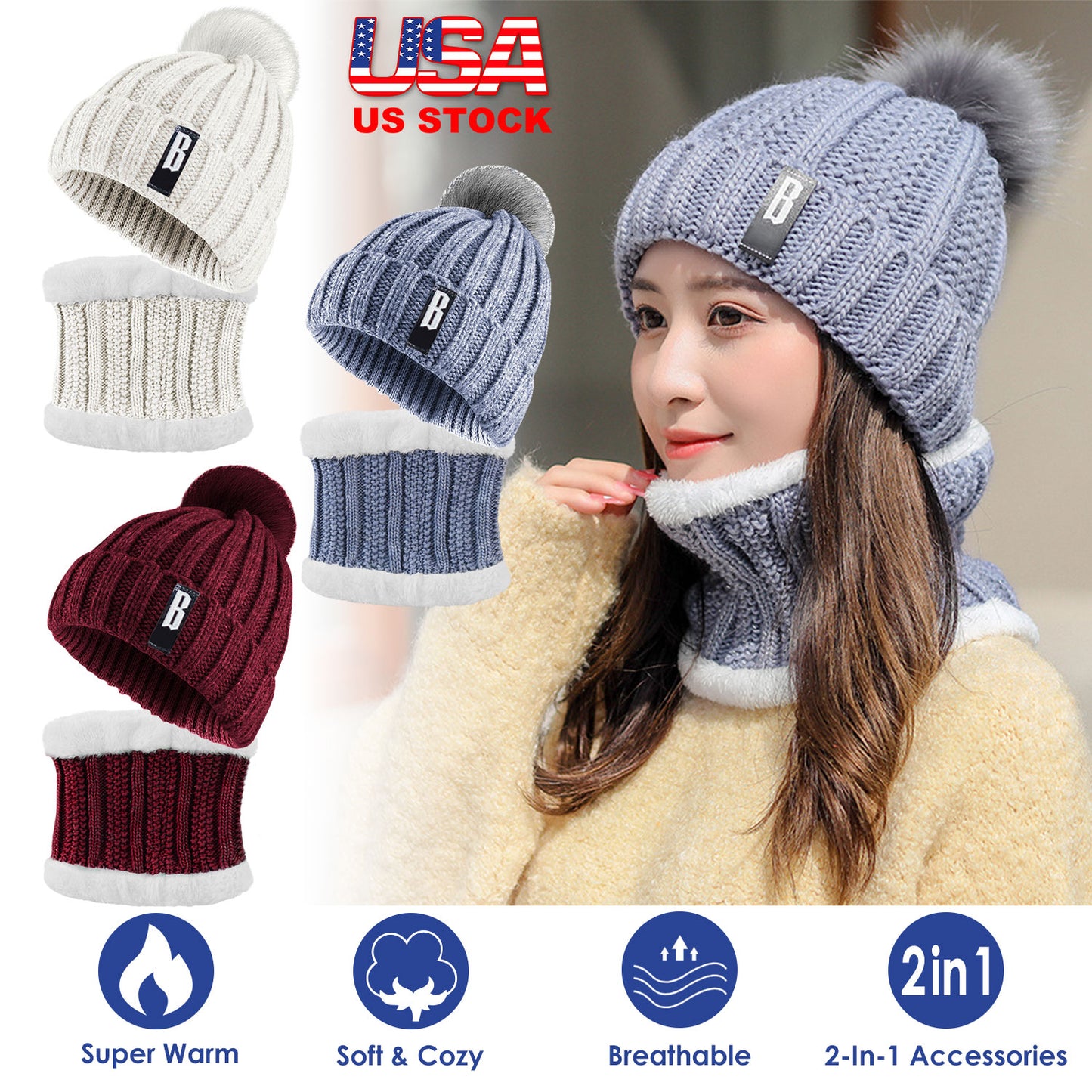 Beanie Hat and Scarf Set - Fleece Lined Winter Knit