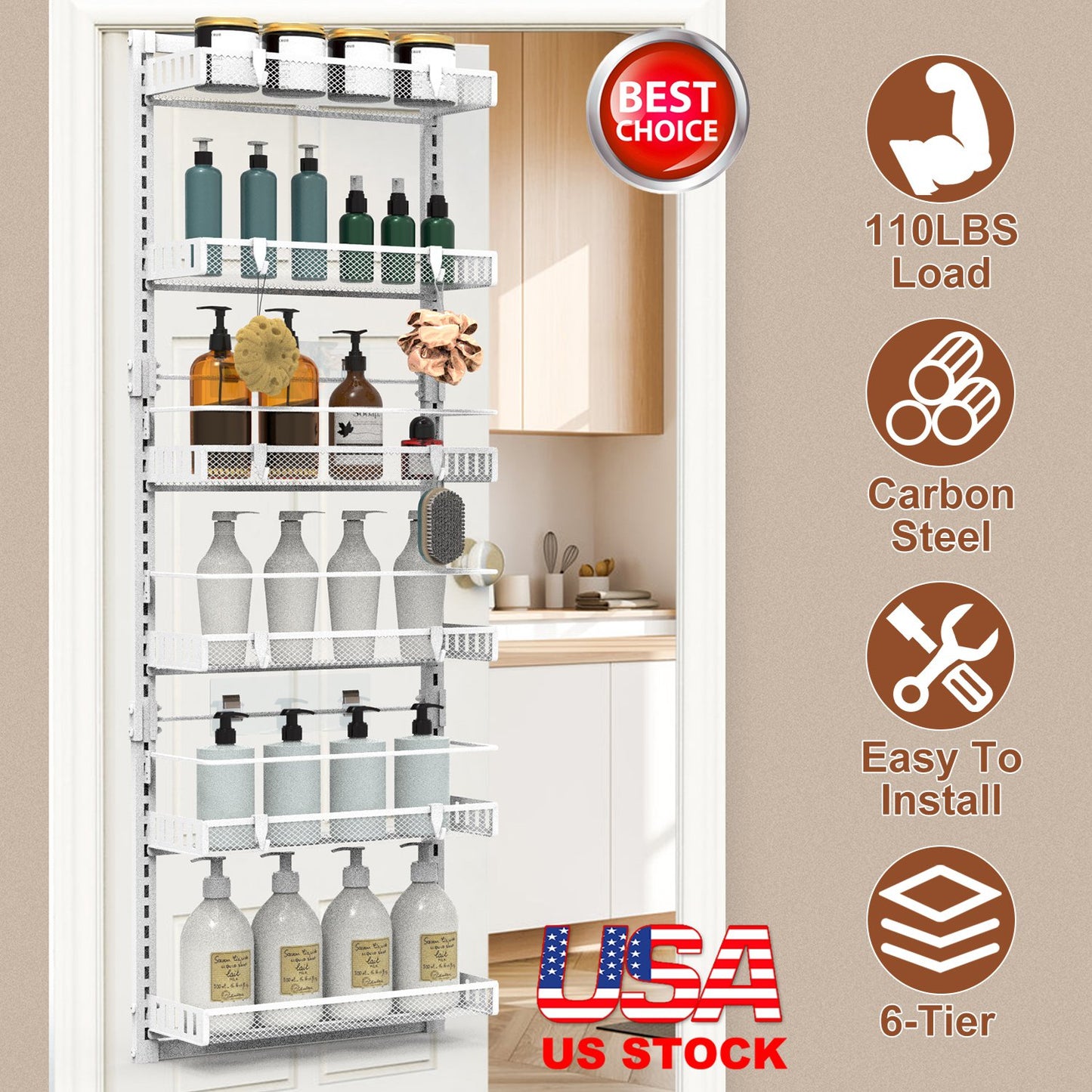 Over The Door Organizer 6-Tier Pantry Rack with 110lb Capacity