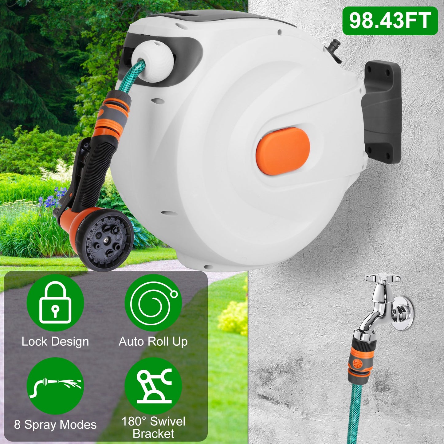 Retractable Garden Hose Reel 98ft Wall Mounted Auto Rewind