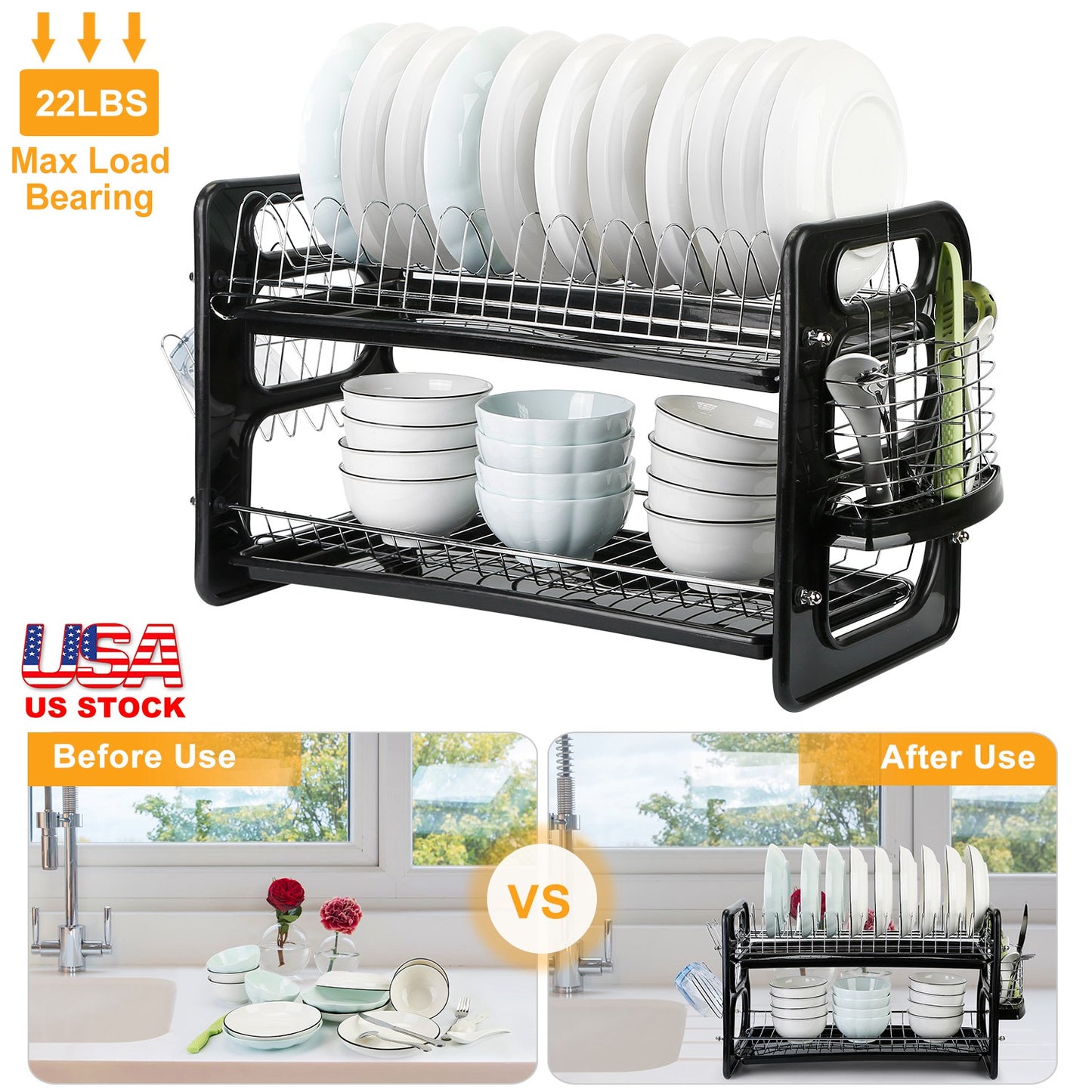 2-Tier Dish Drying Rack with Drainboard and Cup Holder