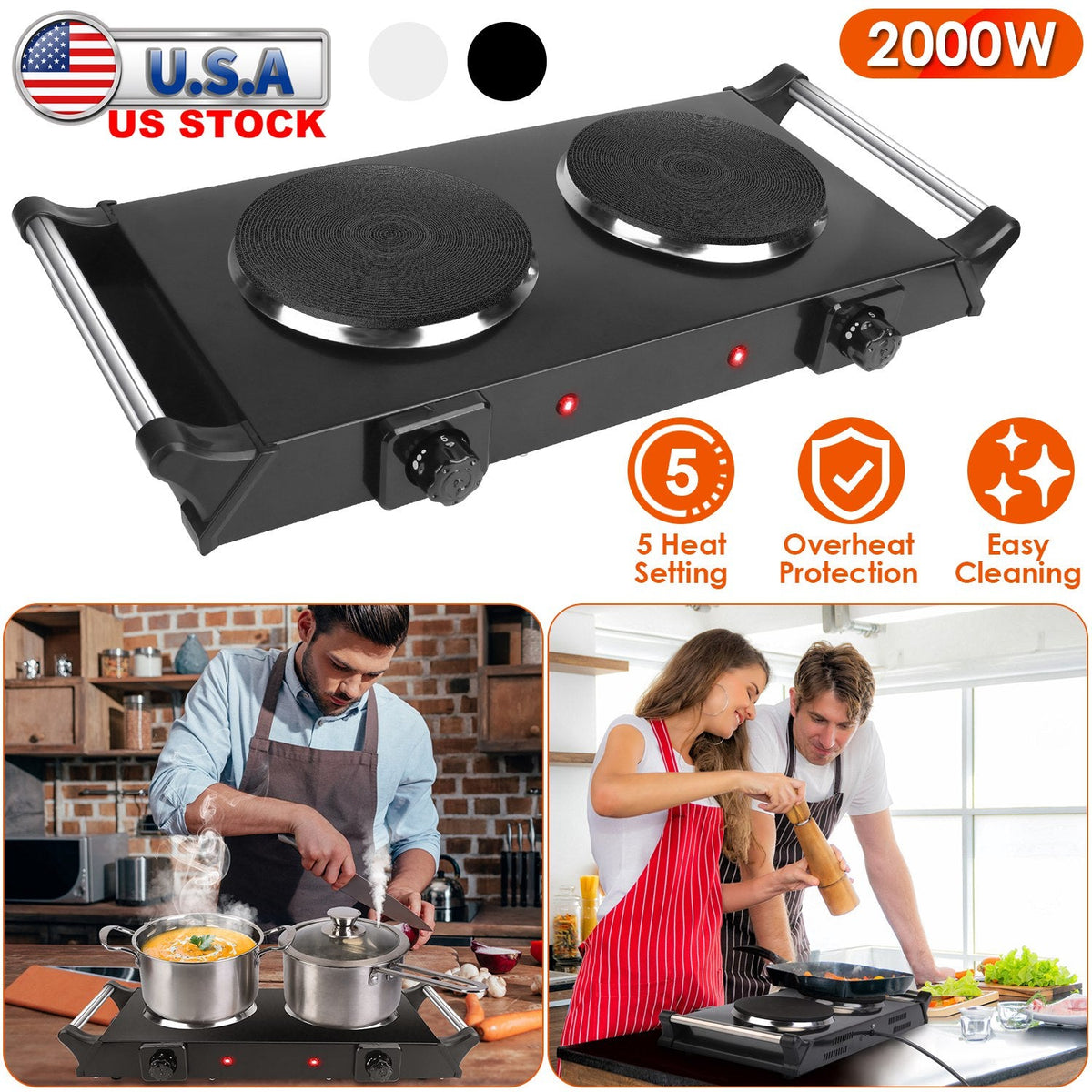 2000W Electric Dual Burner Portable Coil Heating Hot Plate Stove Countertop RV Hotplate with 5 Temperature Adjustments Portable Handles