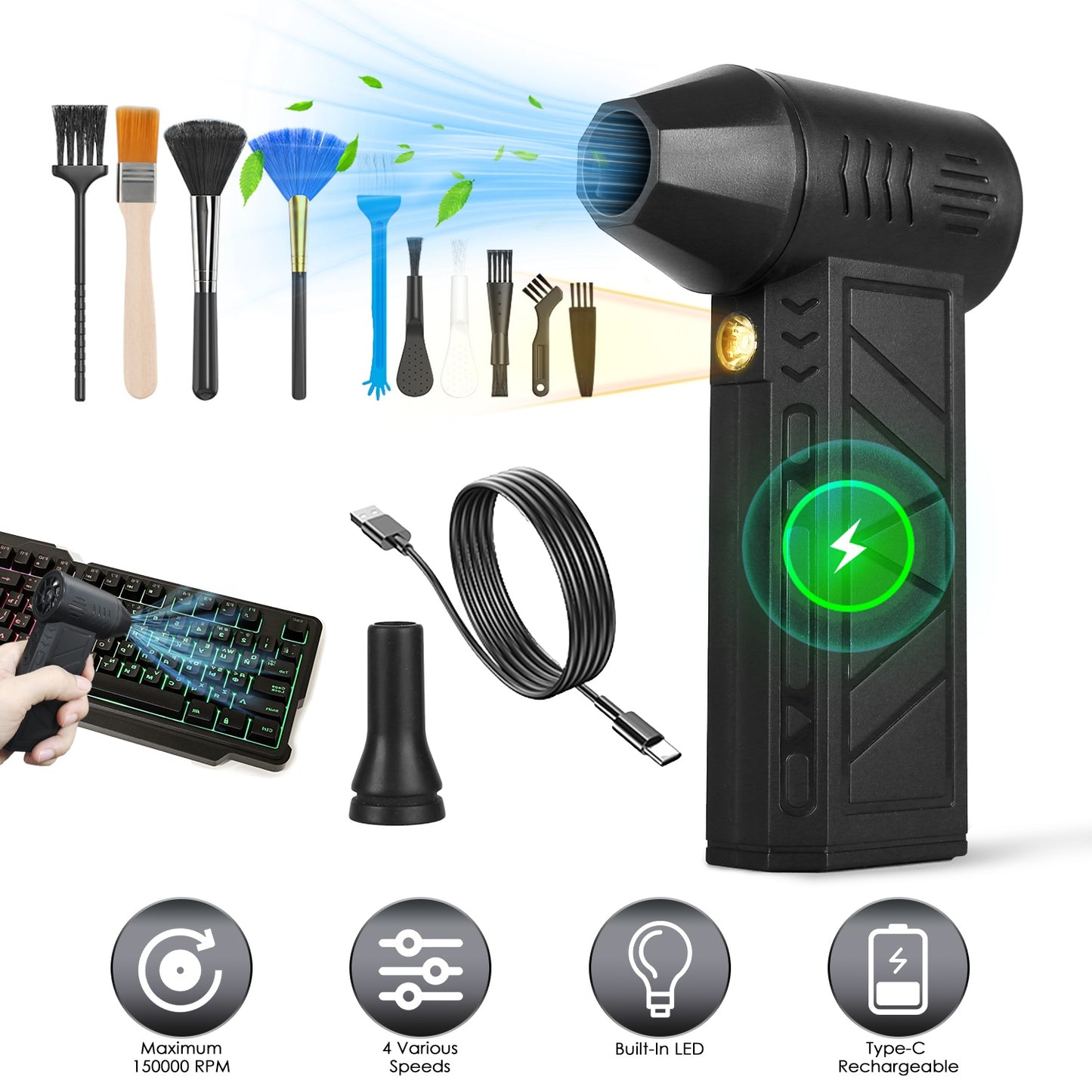 Compressed Air Duster with LED Light – 150000RPM Cordless