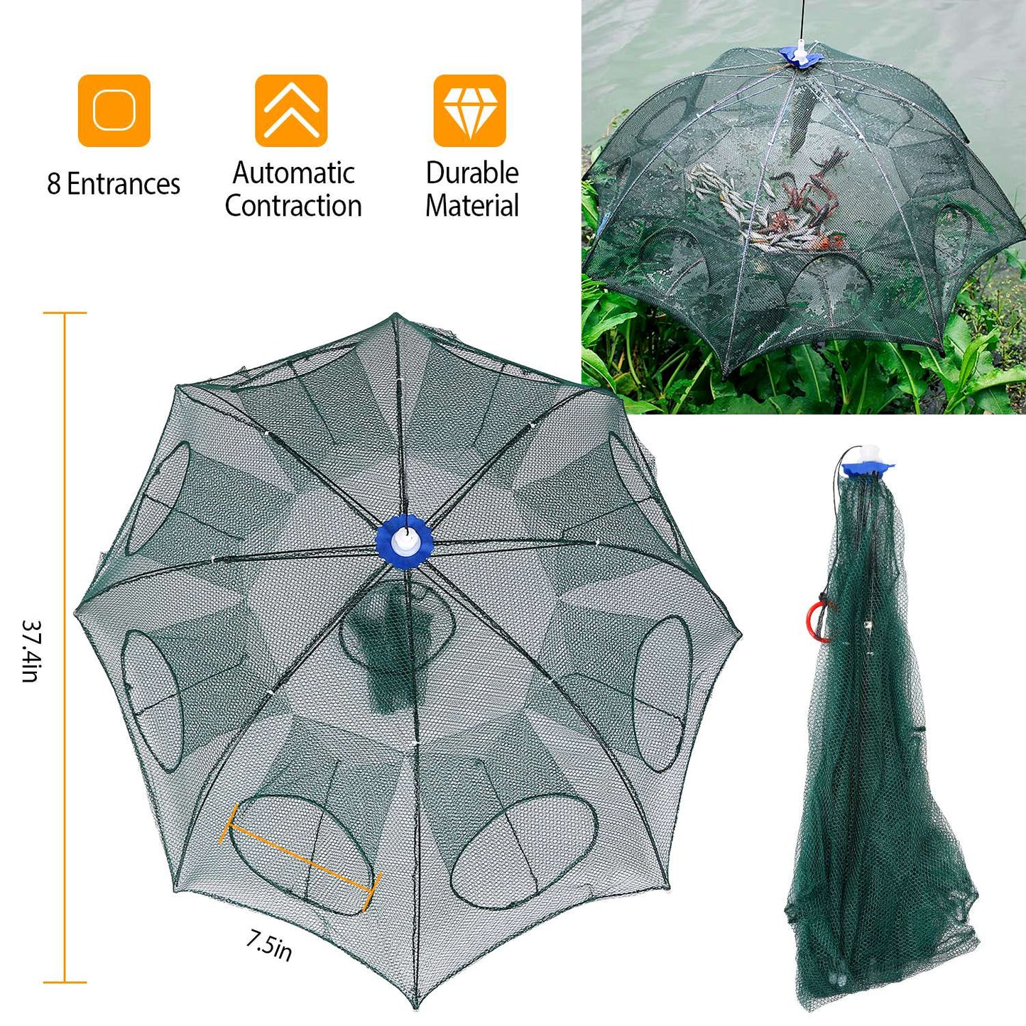 Foldable Fishing Bait Trap with 8 Entrances for Crab & Shrimp