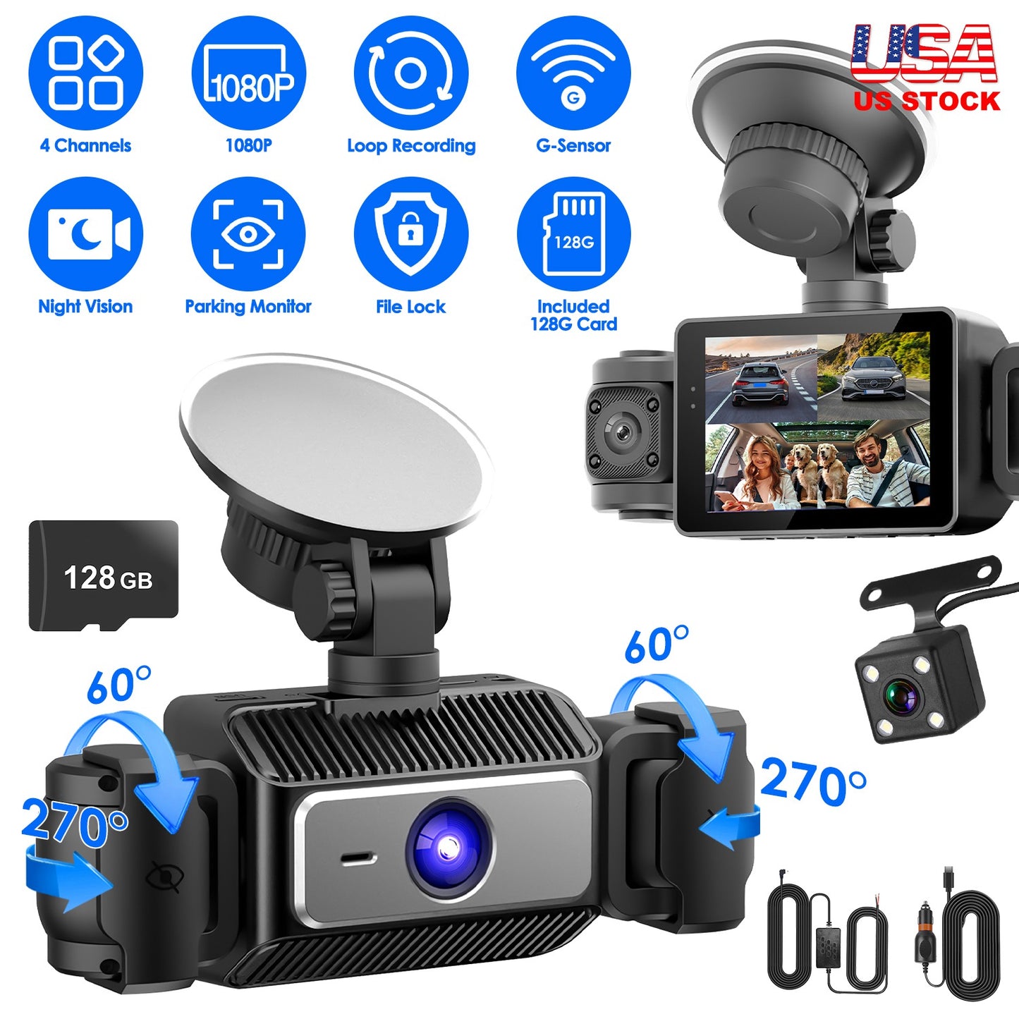 4 Channel Dash Cam with 360° Coverage & 128GB Card