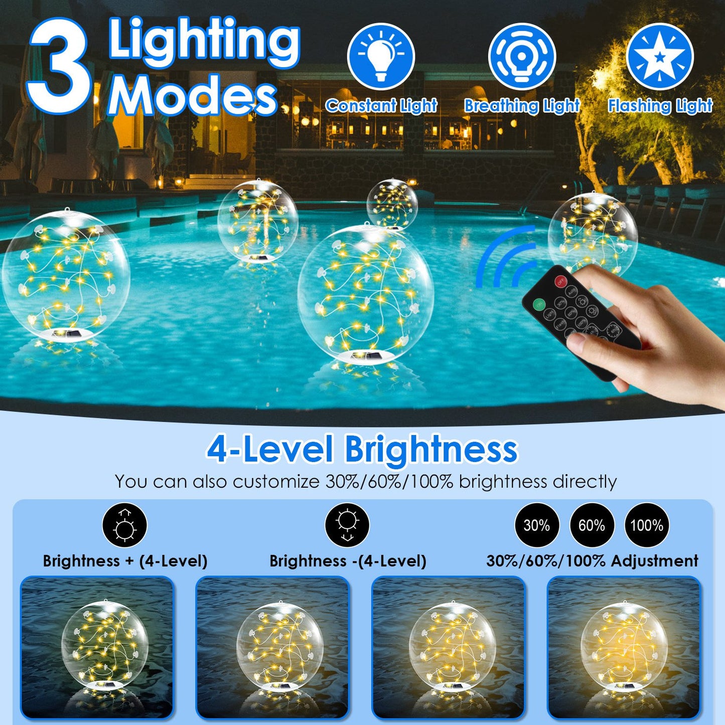 Solar Floating Pool Lights 14in with Remote Control (2-Pack)