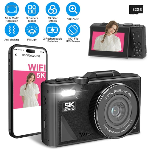 5K Digital Camera with 75MP, WiFi & 18X Zoom