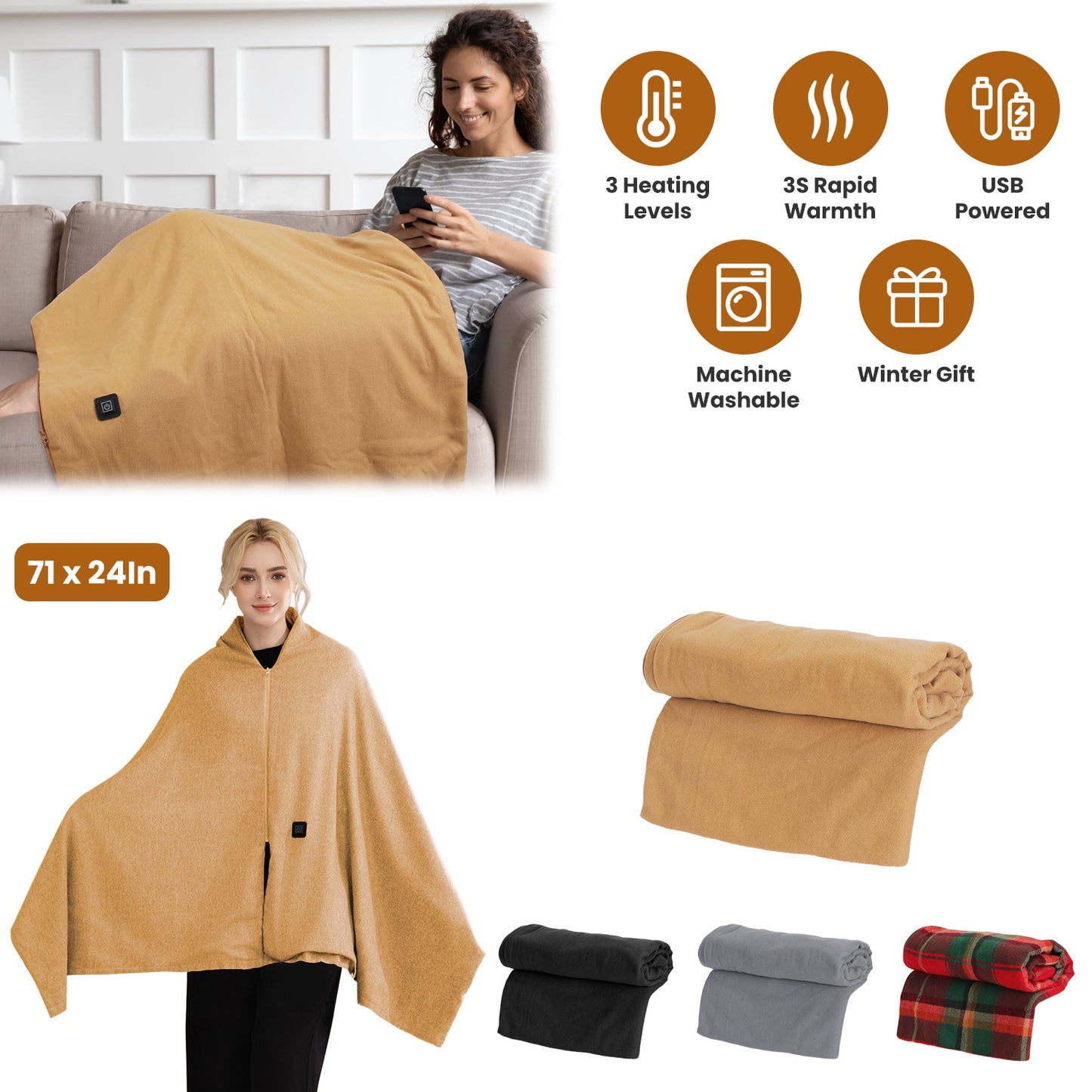 USB Heated Shawl with 3 Heat Levels and Zipper