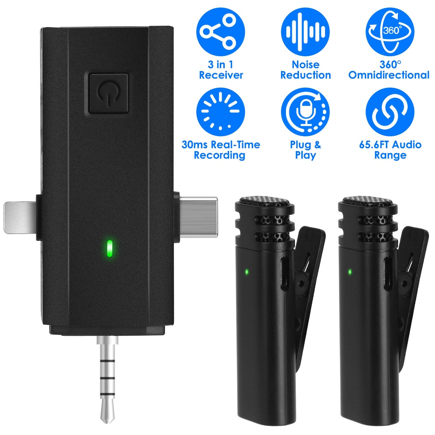 Wireless Clip-On Microphone with 3-in-1 Receiver