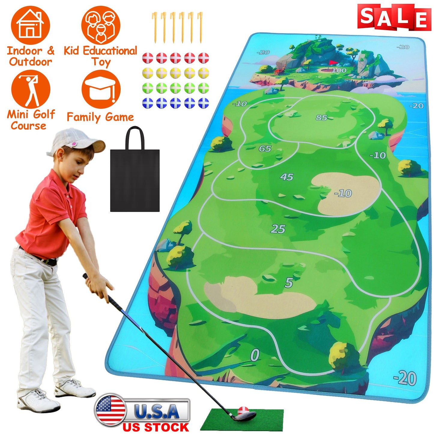 Golf Chipping Game Mat Set with 20 Sticky Balls