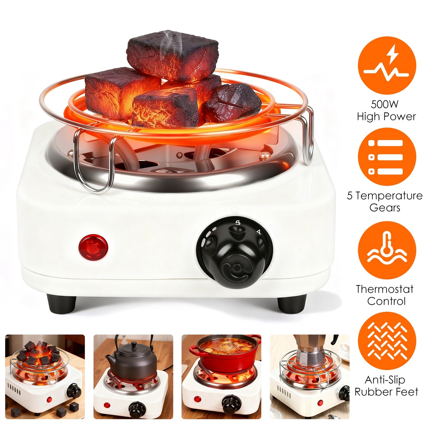 Electric Charcoal Burner 500W with 5 Temperature Settings