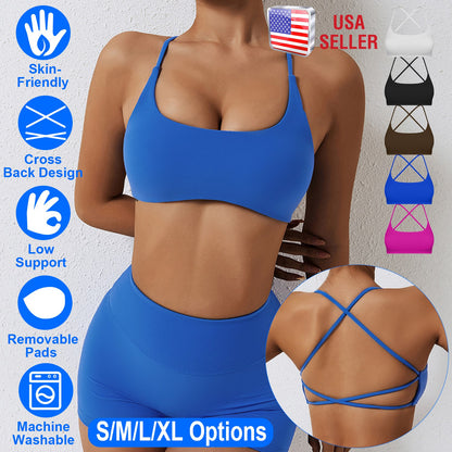 Women Cross Back Sport Bras Padded Strappy Crop Open Back Low Impact Bras Sexy Fitness Tank Tops with Removable Pads Thin Straps for Gym Yoga Workout