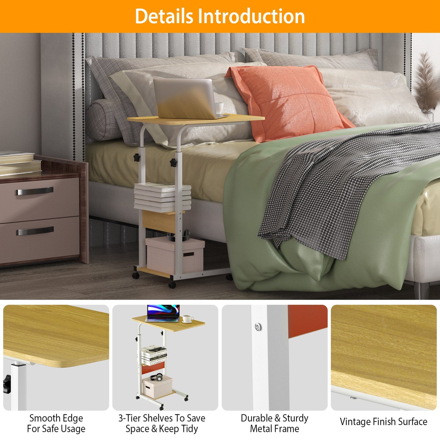 C-Shaped Rolling Laptop Desk with 3-Tier Adjustable Height