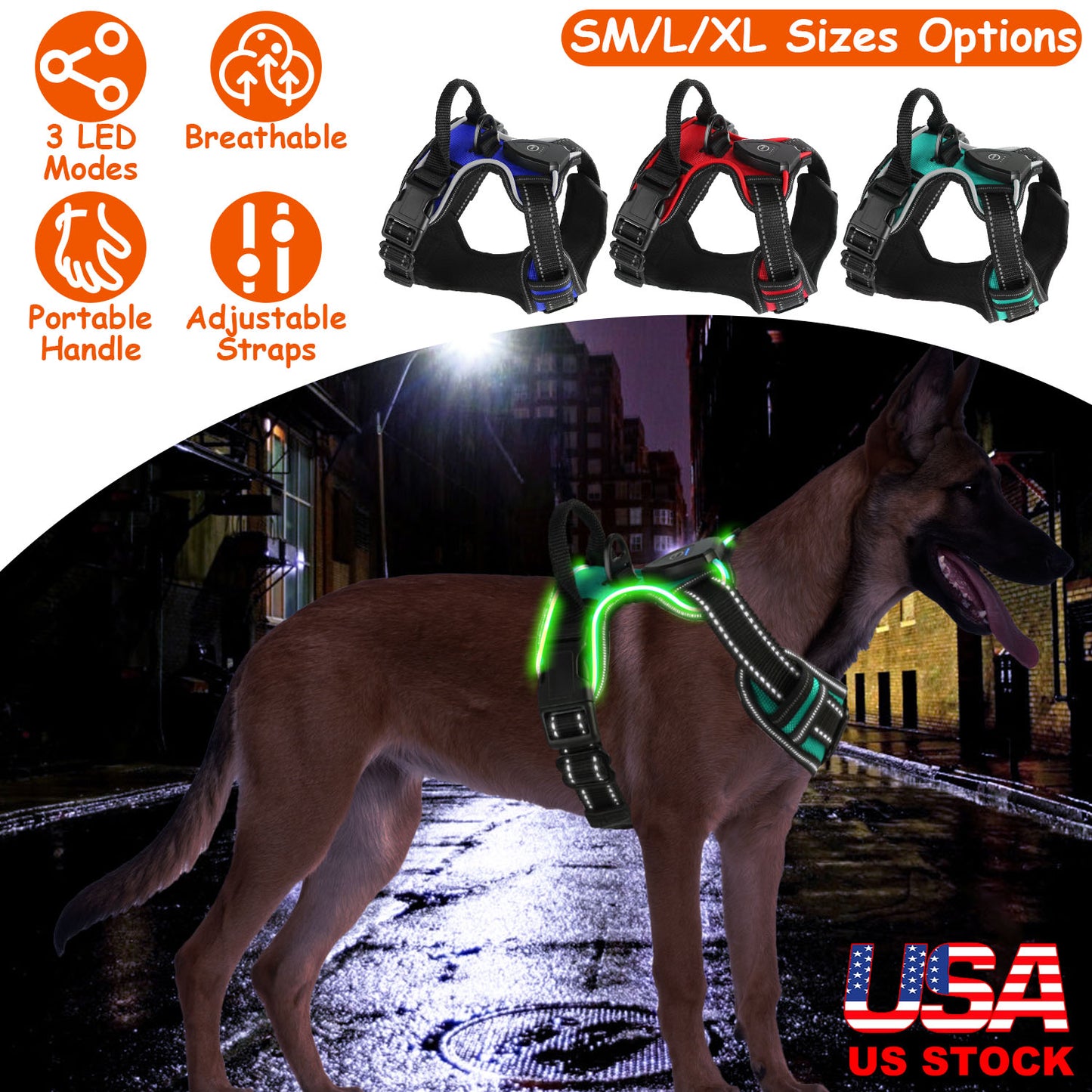 LED Dog Harness Rechargeable No-Pull Vest with Handle