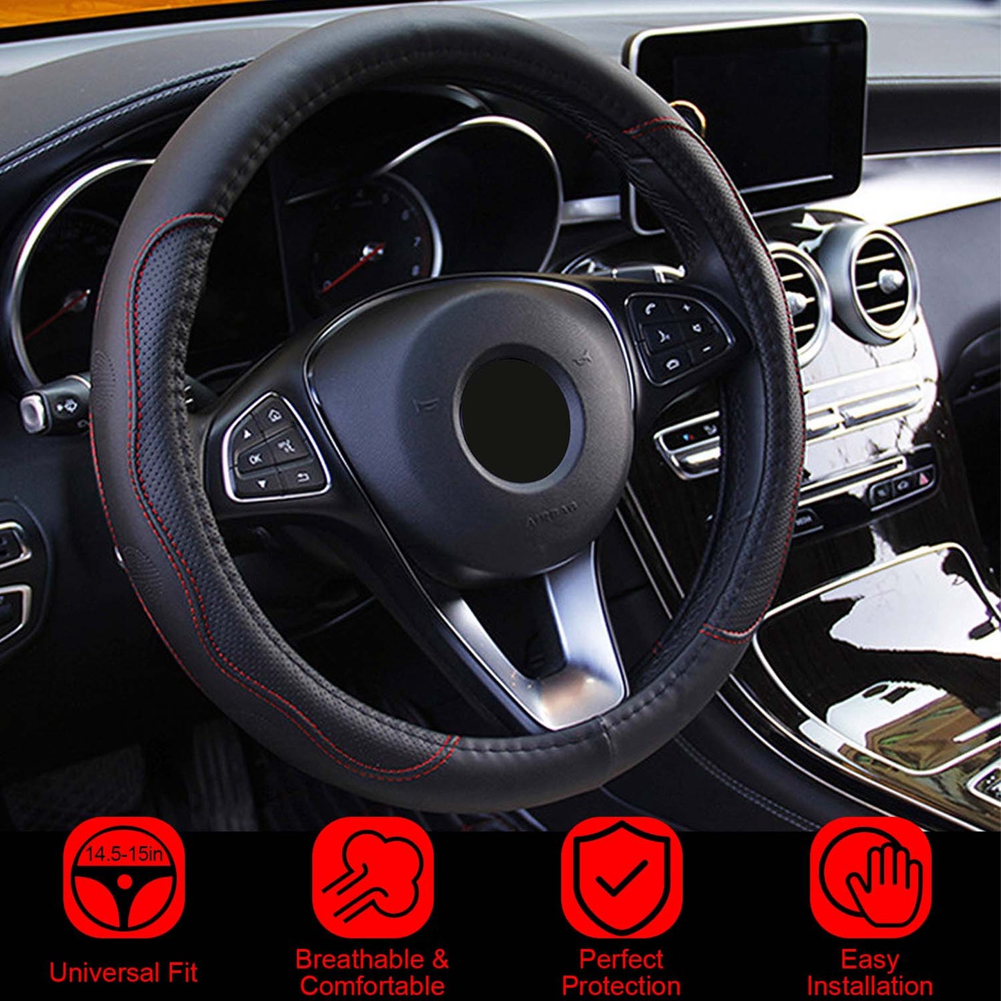 Steering Wheel Cover 14.5-15" Universal Fiber Leather