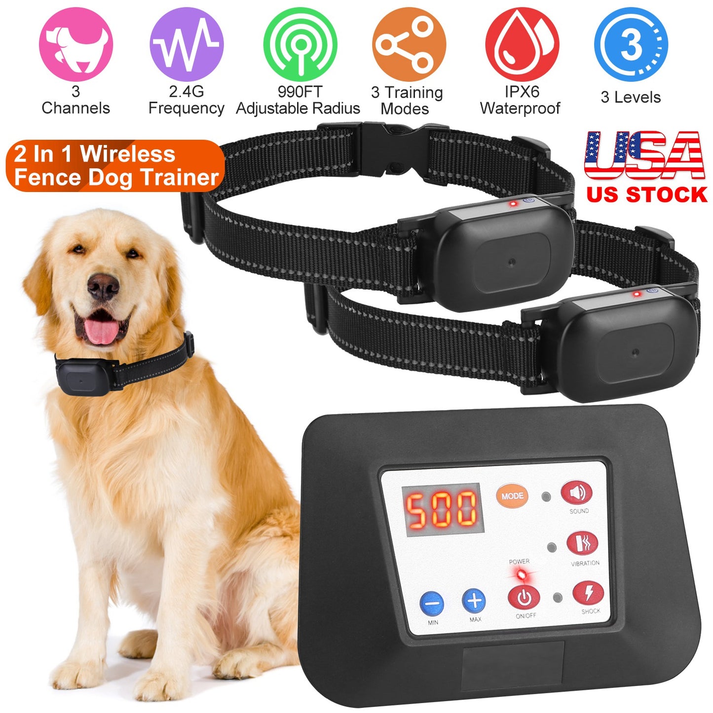 Wireless Dog Fence & Training Collar System 990FT Range