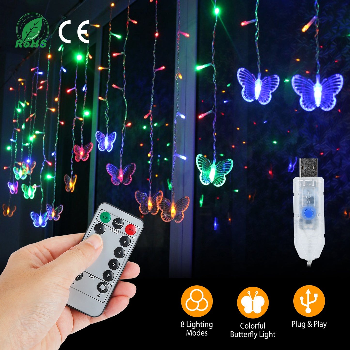 Butterfly Curtain String Lights with Remote - 96 LED, 11.5ft