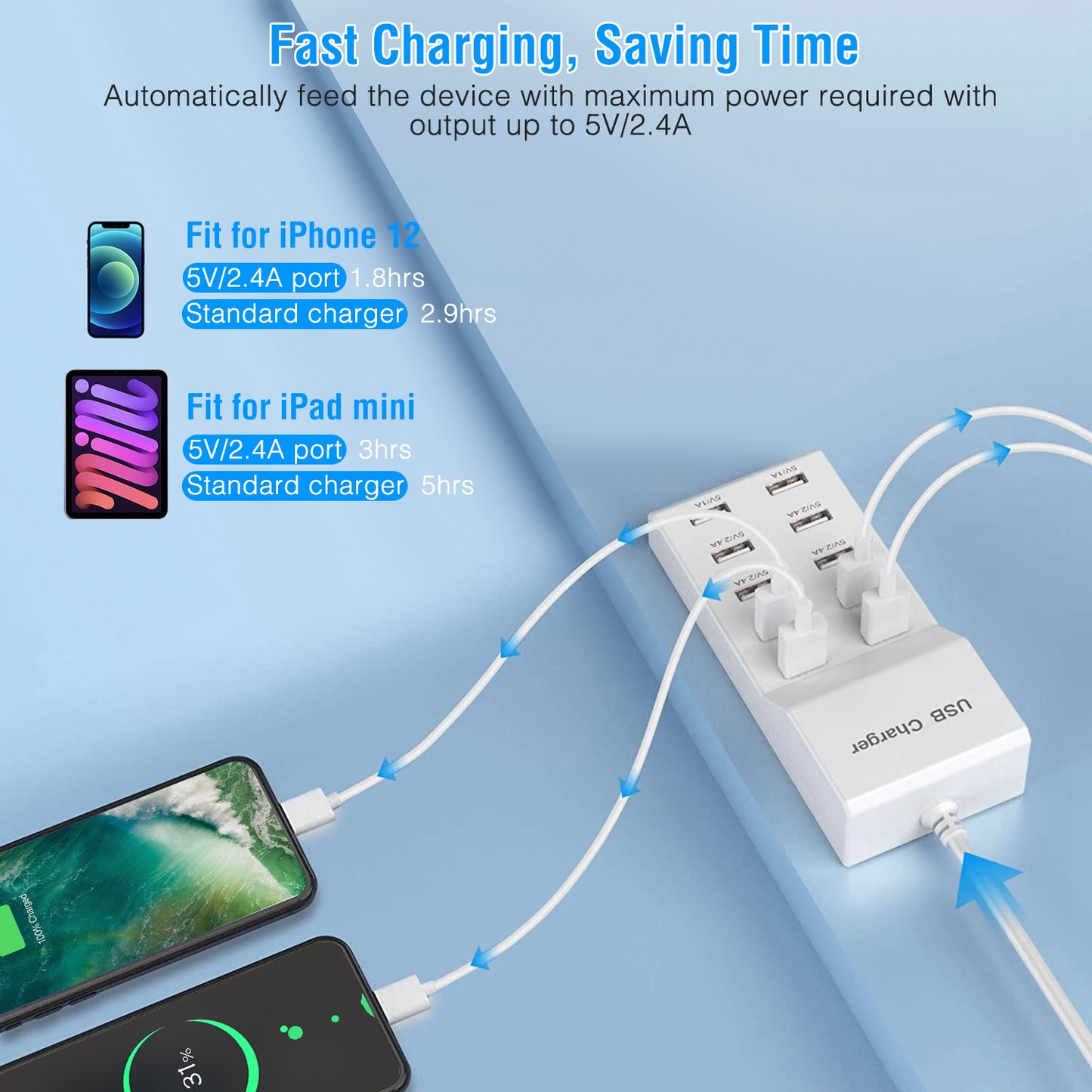 10-Port USB Charging Station Hub 50W Multi-Device Wall Charger