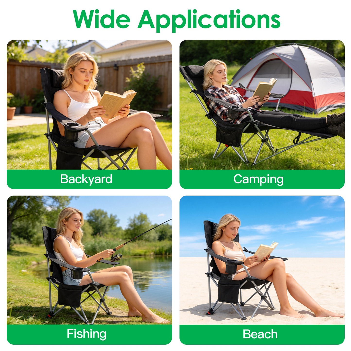 Reclining Camping Chair with Footrest - 4-Position Adjustable